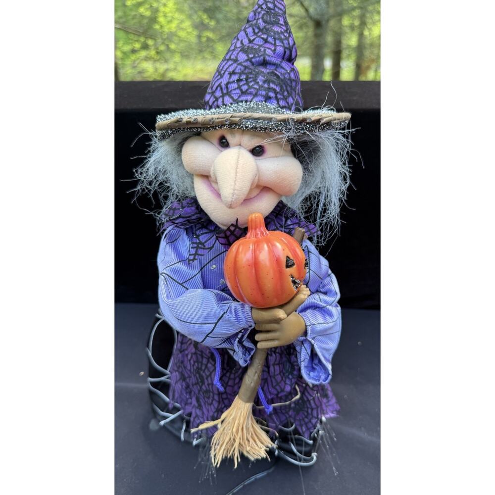 Vintage 16” Fiber Optic Halloween Witch Pumpkin Spider Web Print Works! Video!